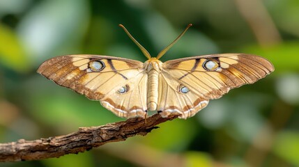 Poster - Close up of a butterfly resting on a twig, showcasing intricate wing patterns in muted browns and tans with distinctive blue spots. The background is a soft green bokeh, highlighting the natural