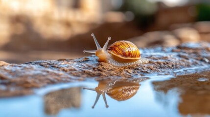 Poster - Close-up shot capturing a snail crawling on a stone surface, its reflection visible in a puddle below. The scene is bathed in warm, natural light, with a blurred background adding depth