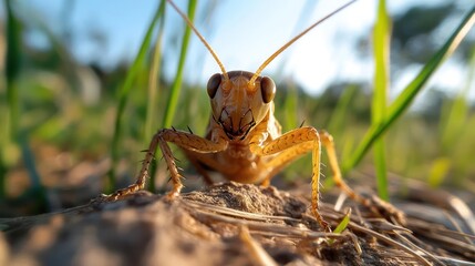 Poster - A close-up captures a brown grasshopper perched on soil, surrounded by green blades. The insect's intricate details are highlighted in the warm light, creating a balanced and organic composition