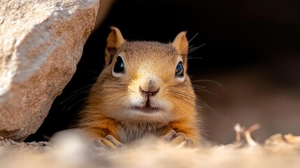 Poster - Close-up of a golden-brown squirrel peering out from a rocky crevice. The squirrel's fur is textured, and its eyes are bright. The surrounding rocks provide a natural frame, enhancing the animal's