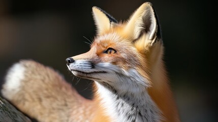 Aufkleber - Captivating close-up of a red fox with white speckled fur, against a blurred backdrop. The fox exhibits a serene expression, bathed in natural light, highlighting its wild beauty. The soft bokeh