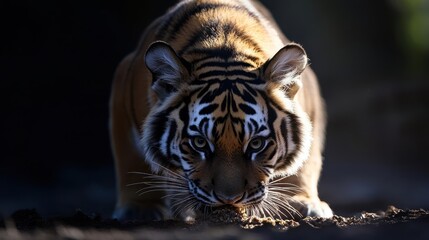 Aufkleber - A close-up shot of a majestic tiger drinking water in a dimly lit environment, showcasing its striking stripes and intense gaze. The water droplets add dynamism, highlighting its powerful presence