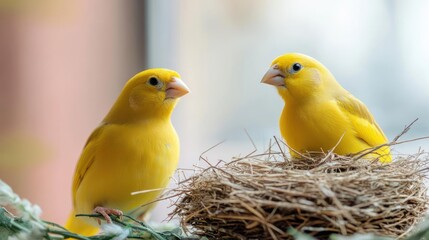 Poster - A soft focus shot of two vibrant yellow canaries perched near a nest of twigs. The background is blurred with soft pink and white tones, and the birds are brightly lit