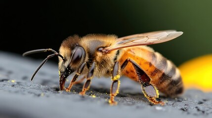 Poster - Close up shot of a honeybee, showcasing its brown and yellow body covered in pollen. The bee is positioned on a textured gray surface, with a dark blurred background highlighting its delicate wings