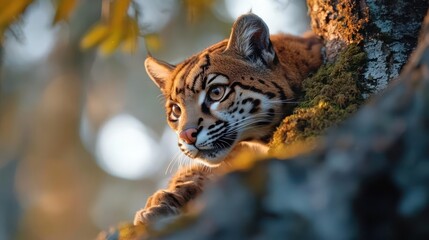 Aufkleber - Close-up of an ocelot perched in a tree, gazing intently with light brown fur. The tree bark is covered with green moss, set against a blurred background of green and gold foliage creating a natural