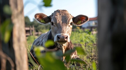 Aufkleber - Close up of a brown calf with light fur lying on grass and looking at the camera. The calf is framed by blurred foliage in the foreground. A house can be seen in the distance under a clear sky during