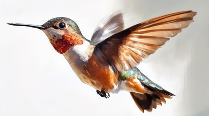 Aufkleber - Detailed image featuring a hummingbird in flight, showcasing orange, brown, and turquoise plumage against a blurred, neutral background. The bird's wings are spread, emphasizing its small size and