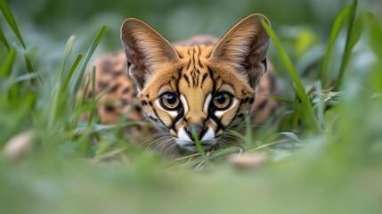 Aufkleber - Close up shot of ocelot hiding in green grass, highlighting its beautiful spotted coat and striking facial features. Focus is on the expressive eyes and poised posture of the animal in its natural