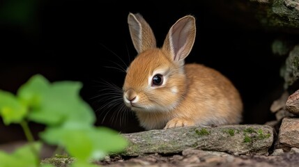 Poster - A close-up showcases a rabbit with light brown fur, perched on a rugged stone ledge in a natural setting. The rabbit is well-lit, highlighting its fur texture. Green foliage is partially visible in