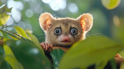 Poster - This close-up shot showcases a small, furry animal nestled within lush green foliage, its large, bright eyes gazing directly at the viewer under soft, diffused lighting, creating a captivating and