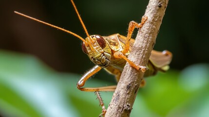 Poster - Macro shot of a grasshopper clinging to a slender branch, featuring its textured body, long antennae, and legs. The background is blurred, highlighting the grasshopper's details