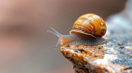 Poster - Macro shot of a snail on a rock. The snail has a brown shell and is slowly moving forward. The background is blurred, creating a sense of depth and focus on the snail
