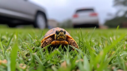 Poster - Close up, eye level shot of a turtle on a green lawn with two cars in the blurred background, showcasing nature meeting suburban life in muted light. The turtle's textured shell and focused gaze