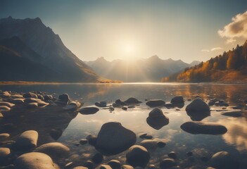 Wall Mural - peaks amazing high background scenery yellow blue sky landscape nature sunrise awesome beautiful lake mountains stones mountain reflection sunlight illuminated tranquil dawn scene resort sunset sun