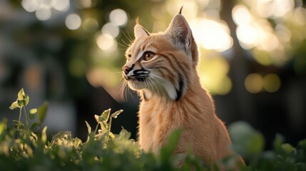 Aufkleber - A close-up shot captures a bobcat nestled in green foliage, illuminated by golden sunlight filtering through a blurred background of trees and bokeh, creating a warm, natural ambiance