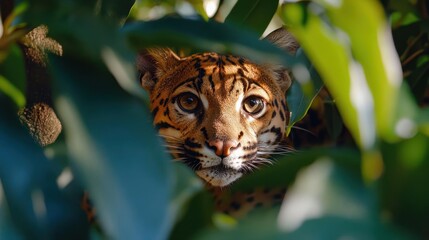 Aufkleber - Close up of an Ocelot's face peering through green leaves. The lighting highlights the ocelot's spotted fur and intense gaze, creating a striking wildlife image.  The depth of field blurs the