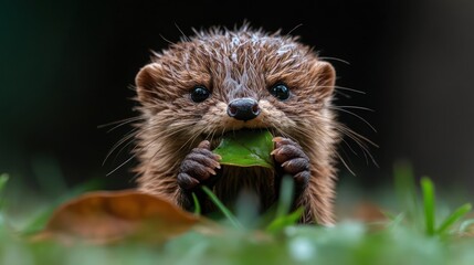 Poster - A close-up shot showcases a small, wet otter holding a green leaf in its paws. The otter's brown fur is highlighted by water droplets, and its dark eyes are focused directly at the camera, set