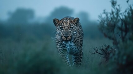 Aufkleber - Close up shot of a leopard walking towards the camera in a field of tall grass and bushes under a hazy blue sky, creating a natural, wild atmosphere