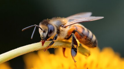 Poster - Close up of a honeybee on a yellow flower with a blurred background. The bee is brown with black stripes, and its wings are slightly extended. The flower is partially visible, with a soft focus that