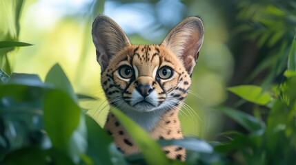 Aufkleber - Close up shot of a Margay cat surrounded by green leaves in a natural habitat. The cat features distinctive markings, with a mix of tan and black spots, enhanced by the soft, diffused lighting