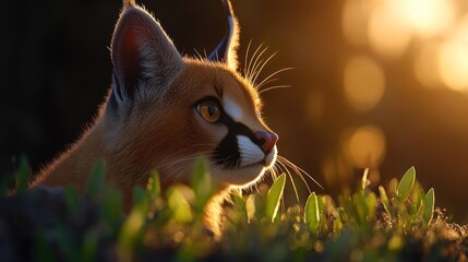 Aufkleber - A close up of a caracal in warm golden light peering over verdant foliage. The cat's detailed features and textured fur are illuminated against a softly blurred bokeh background, emphasizing its