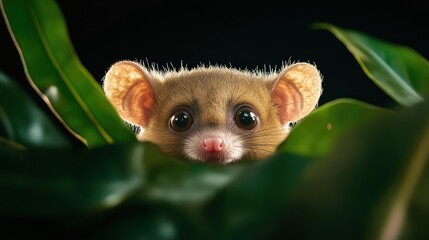Poster - A close-up of a small, brown primate, possibly a lemur or bushbaby, peering out from behind lush green leaves. The image has a shallow depth of field, highlighting the animal's face against a dark