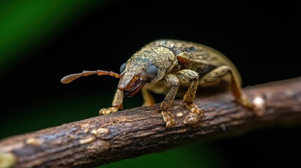 Poster - Macro shot of a weevil beetle perched on a twig, showcasing its textured exoskeleton and prominent antennae against a blurred green and black background. The beetle's posture and intricate details