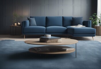 Wall Mural - interior cofee tiles wall blue room table sofa modern carpet dark living rendering 3d grunge art chair concept three-dimensional bright decor furniture decoration apartment green lamp cosy