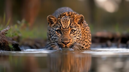 Aufkleber - Close up eye level view of a leopard crouched low in water, its reflection visible. The leopard has a spotted coat and intense gaze, with natural light illuminating its face and the surrounding