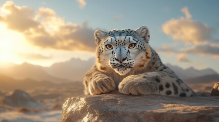 Aufkleber - Close-up shot of a snow leopard resting on a rock. The leopard has a white and grey coat with black spots, and it is looking directly at the camera. The background is a blurred landscape of mountains