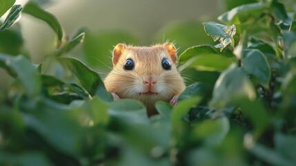 Poster - A chipmunk nestled amidst verdant foliage, captured in soft, diffused lighting. The focus is sharp on the animal's face, highlighting its tiny features, set against a blurred backdrop of green