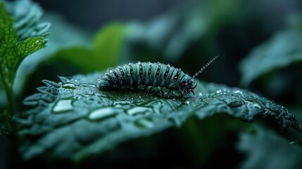 Poster - A vivid close up of a caterpillar on a dark green leaf, covered in water droplets under dim lighting. The caterpillar displays green, white, and black spots, set against a blurred background