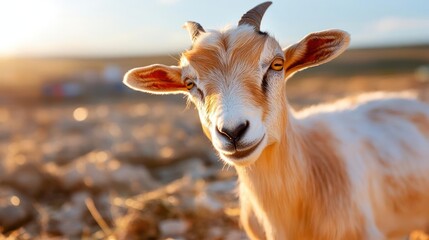 Aufkleber - Close up shot of goat with golden eyes and white brown fur stands in a field at sunset. The golden light and soft focus create a warm and inviting atmosphere, highlighting the animal's gentle nature