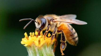 Poster - Close-up of a bee collecting pollen from a yellow flower with a green stem against a blurred green background. The bee is brown and orange, with visible legs and antennae