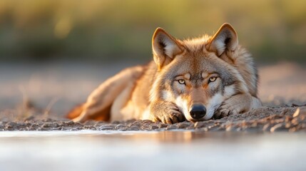 Aufkleber - A captivating close-up of a reddish-brown wolf resting near a puddle in a soft, golden light, with its focused gaze and textured fur adding to the serene yet intense atmosphere of the natural scene