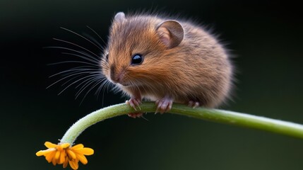 Aufkleber - Close up shot of a small brown harvest mouse clinging to a thin green stem with a vibrant orange flower at the end, set against a dark, out-of-focus green background