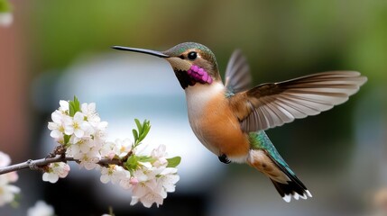 Poster - A vibrant hummingbird hovers mid-air, displaying its iridescent green and bronze plumage with a striking magenta throat. The bird is positioned near a branch adorned with delicate white blossoms