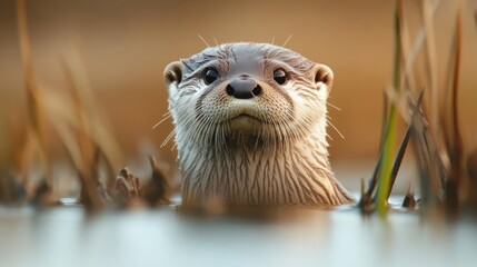 Aufkleber - A striking close-up captures an otter emerging from calm water, framed by tall reeds in a shallow depth of field, showcasing its wet fur and inquisitive expression against a warm, blurred backdrop