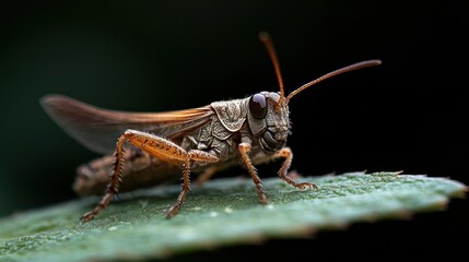 Poster - Close-up shot of a grasshopper perched on a vibrant green leaf. The insect features mottled brown and orange coloring, with intricate leg patterns, set against a stark black background, enhancing its