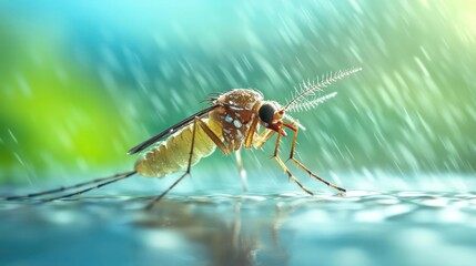 Aufkleber - Extreme close-up of a mosquito standing on a reflective surface during rainfall, with a blurred blue and green background. The insect is detailed, showcasing its anatomy under bright, natural light