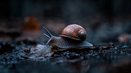 Poster - Captivating close-up of a snail gliding on a damp leaf, its shell glistening with moisture in soft light. Dark, blurred background and reflections on the wet surface highlight the intricate details