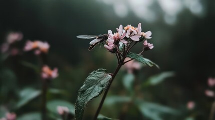 Aufkleber - Close-up shot of a blooming pink flower with water droplets on the petals and leaves, set against a softly blurred green background, evoking a sense of serene nature. The focus is sharp on the