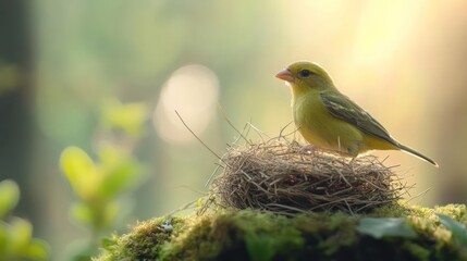 Poster - A small yellow bird perches atop a nest filled with tiny speckled eggs. The nest sits on a mossy surface with a blurred green forest background. Golden sunlight bathes the scene, enhancing the bird's