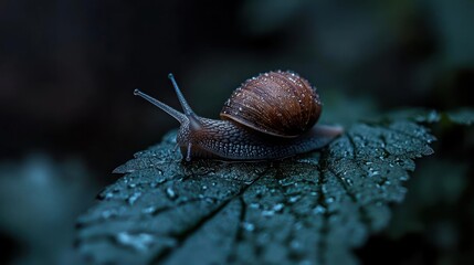 Poster - A snail covered in water droplets rests on a dark green leaf. The snail's shell is light brown and the background is a blurred, dark forest. The image is macro photography, capturing the intricate