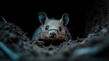 Poster - A close-up shot captures a rodent with textured fur, peeking out from a dirt burrow against a dark background. Focus on the animal's face with visible fur details and depth of field