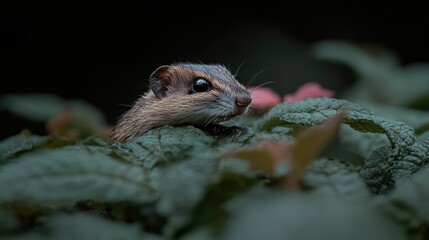 Poster - A small rodent with brown and white speckled fur is nestled among green leaves with pink edges, captured in a close-up shot with soft, diffused lighting against a dark background, emphasizing its