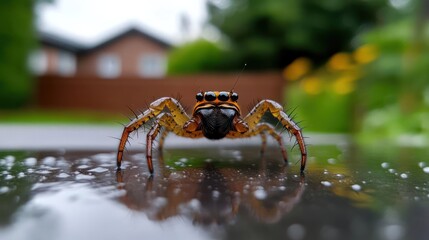 Aufkleber - Close-up of an orange and black jumping spider standing on a wet, reflective surface, set against a blurred backdrop of a house, green foliage, and vibrant yellow flowers. The lighting accentuates
