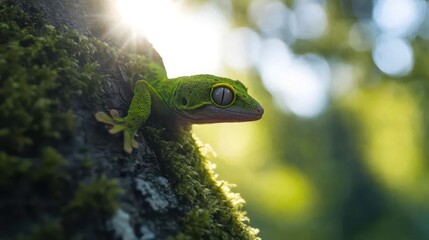 Poster - Close-up of a vibrant green gecko with gray eyes perched on a moss-covered branch against a blurred green forest backdrop with a sunburst effect, creating a natural and detailed reptile portrait