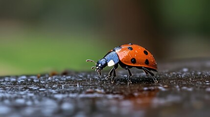 Aufkleber - Close-up shot of a ladybug with an orange shell and black spots walking on a wet surface. The background is blurred and out of focus, creating a shallow depth of field