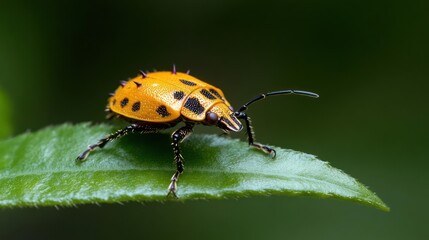 Poster - Macro shot captures a vibrant orange beetle with black spots, perched on a glossy green leaf against a blurred dark background, highlighting its intricate details